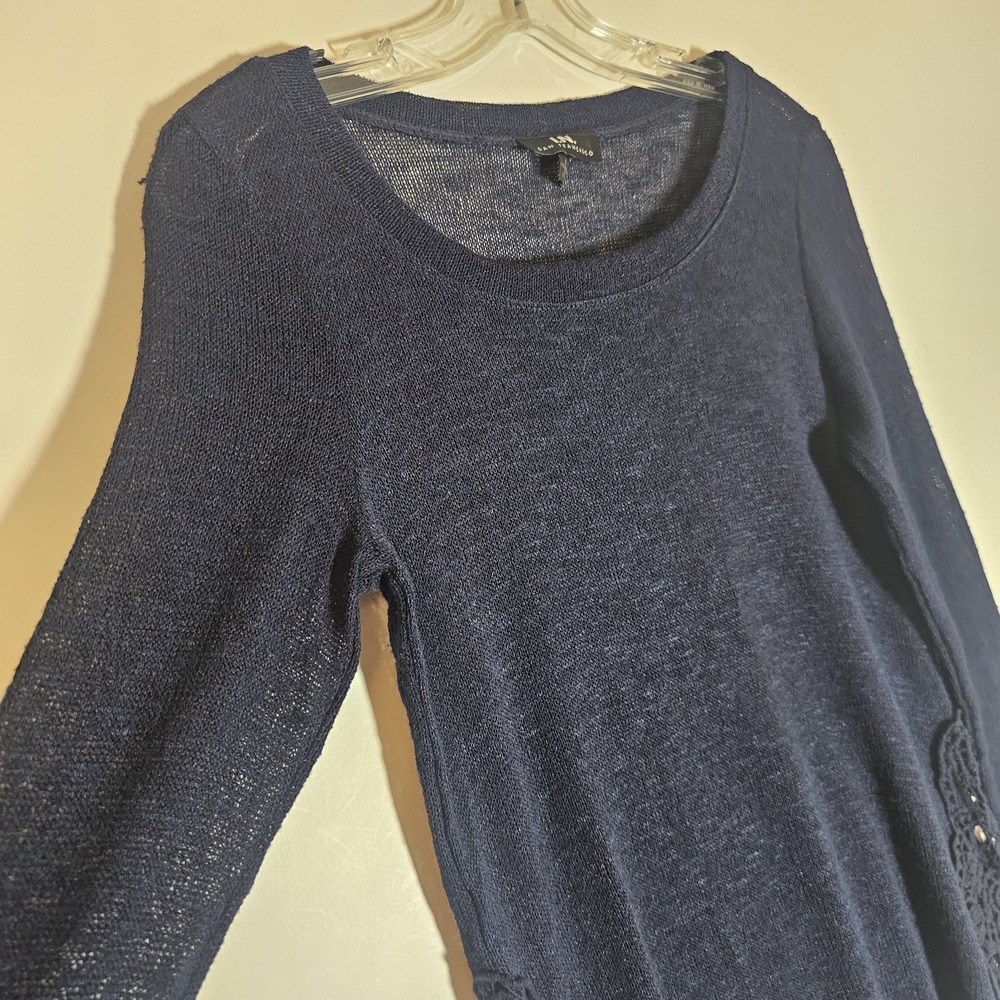 I.N. San Francisco Sweater Womens Small Navy Blue Crochet Hem Lightweight Top S - Picture 3 of 11